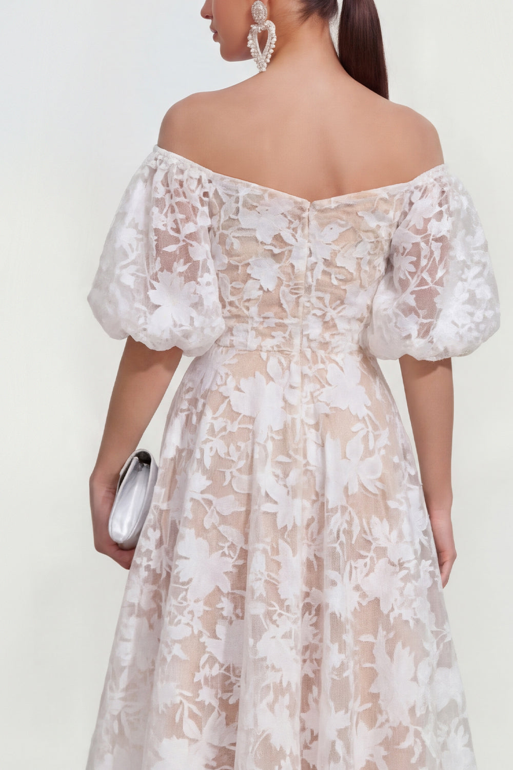 Floral Pink Off the Shoulder A Line Midi Wedding Guest Dress