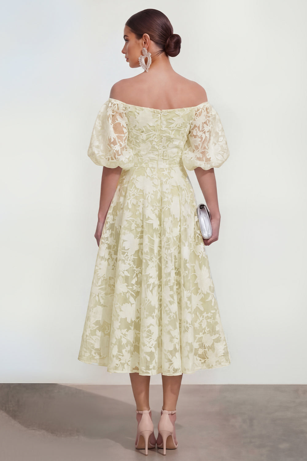 Floral Pink Off the Shoulder A Line Midi Wedding Guest Dress