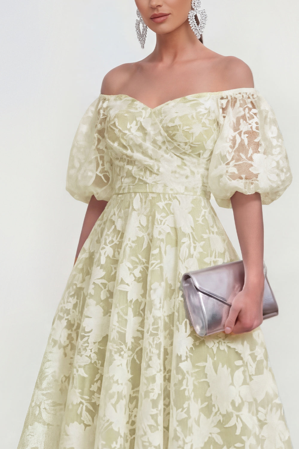 Floral Pink Off the Shoulder A Line Midi Wedding Guest Dress
