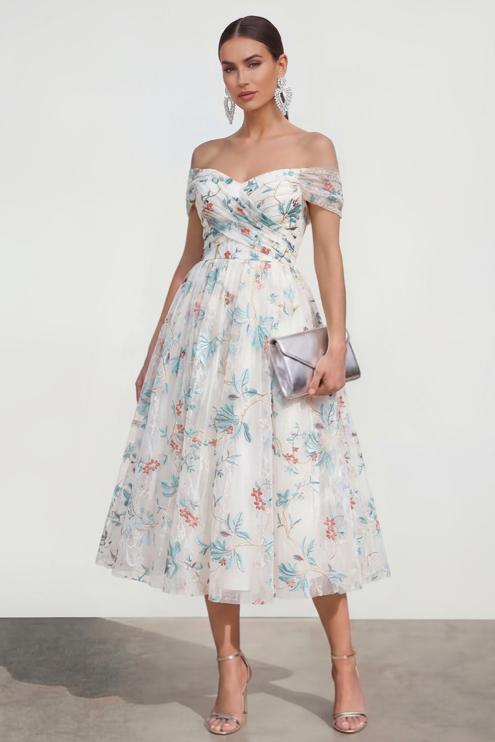 Off the Shoulder A Line White Floral Midi Wedding Guest Dress