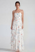 A Line Ruched White Floral Ruffled Maxi Wedding Guest Dress