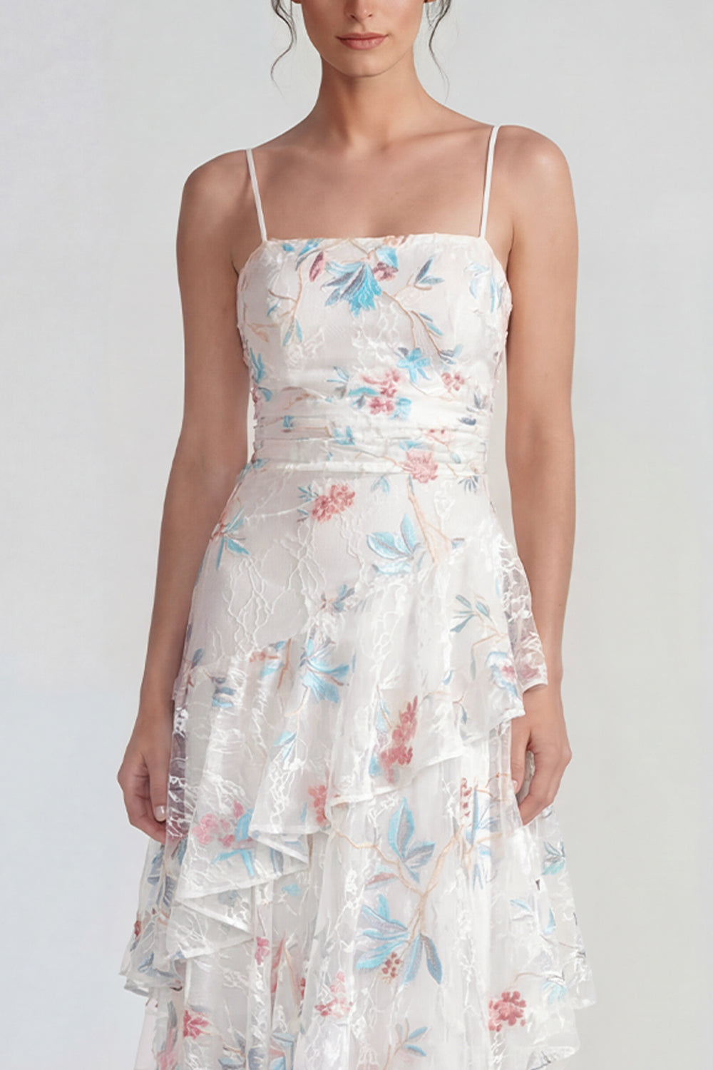 A Line Ruched White Floral Ruffled Maxi Wedding Guest Dress
