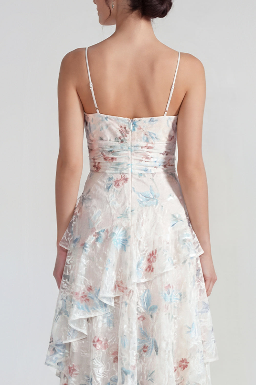 A Line Ruched White Floral Ruffled Maxi Wedding Guest Dress