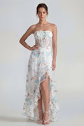 Strapless A Line White Floral Corset Wedding Guest Dress