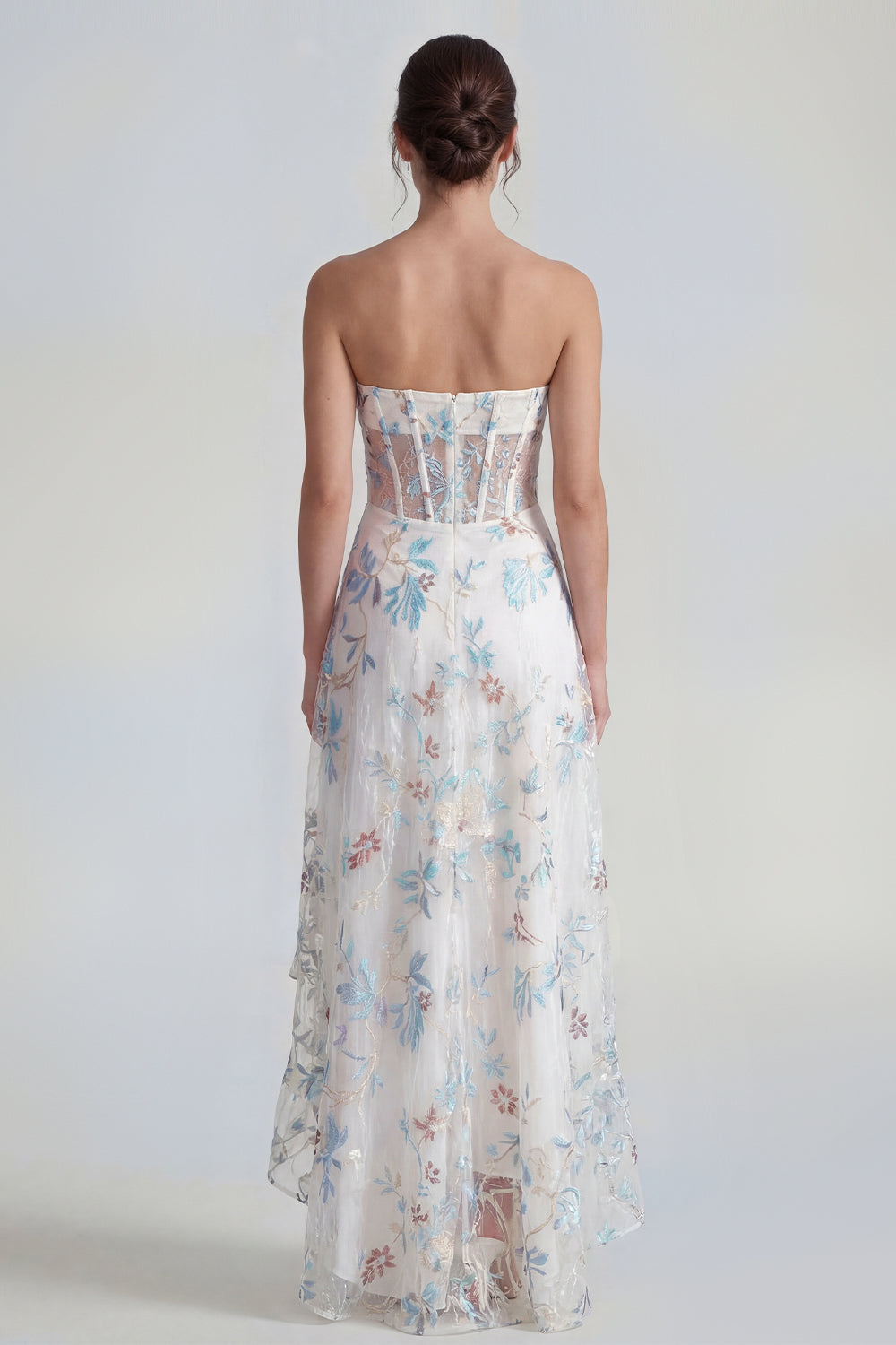 Strapless A Line White Floral Corset Wedding Guest Dress