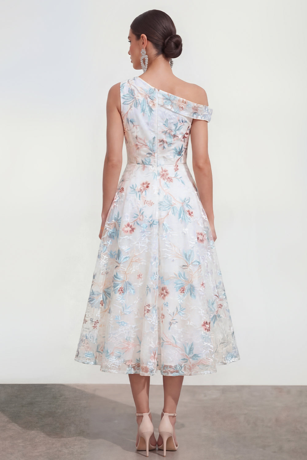 Asymmetrical Neck A Line White Floral Wedding Guest Dress