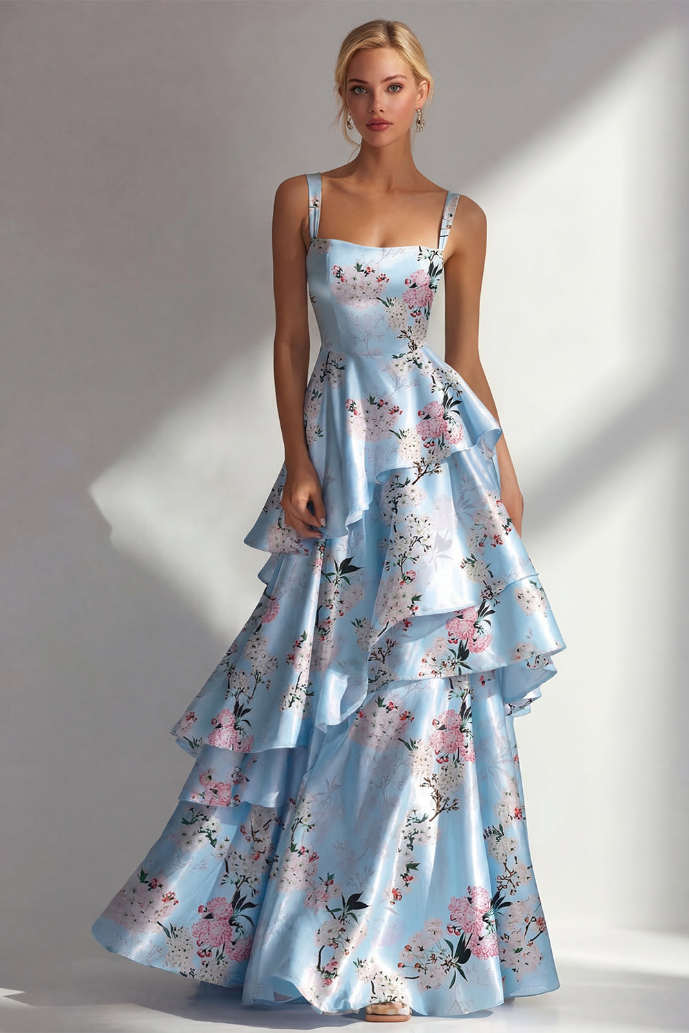 Tiered Blue Floral A Line Satin Wedding Guest Dress