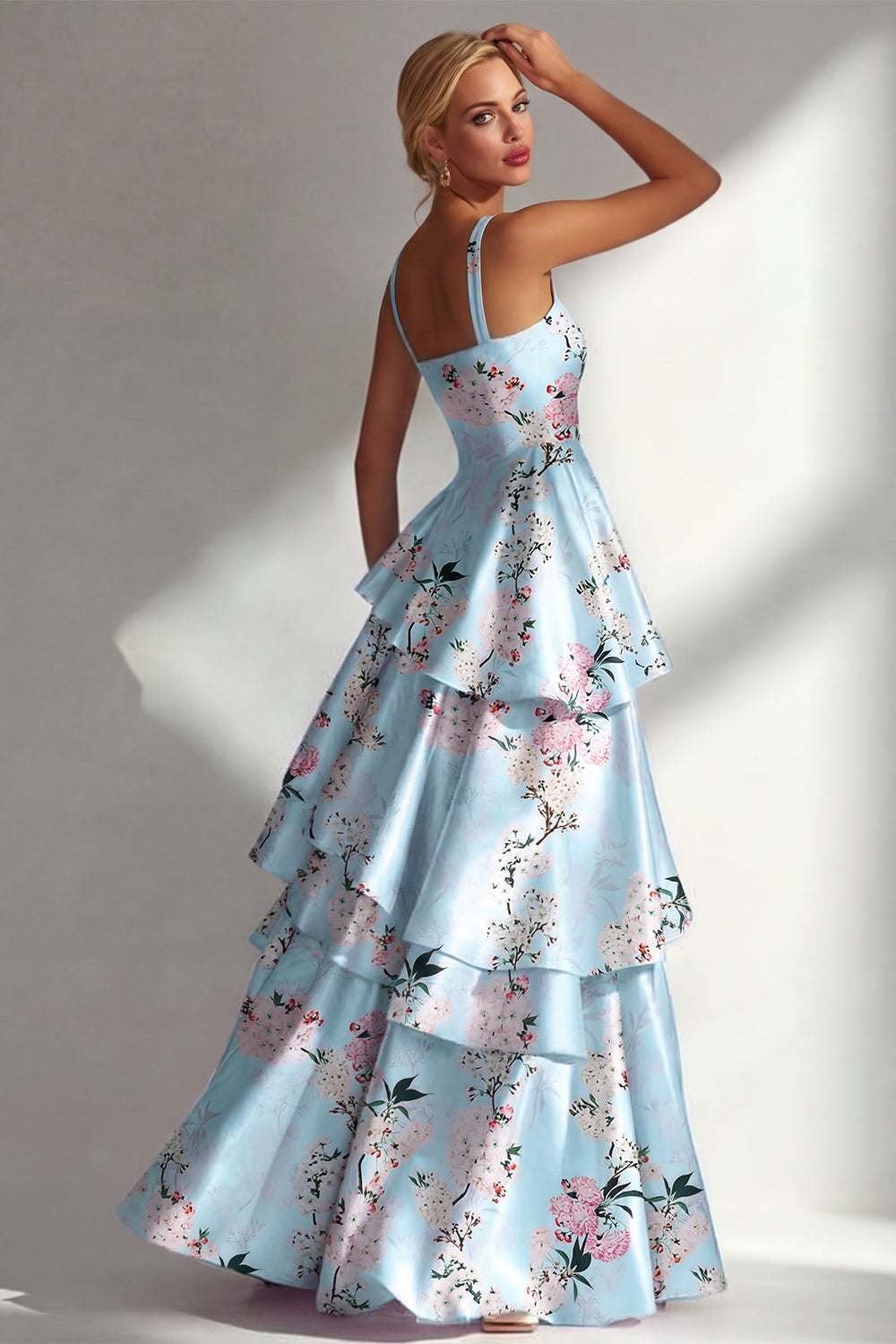 Tiered Blue Floral A Line Satin Wedding Guest Dress