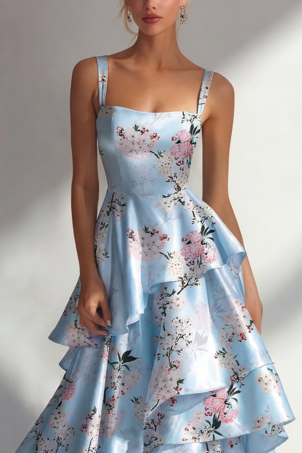 Tiered Blue Floral A Line Satin Wedding Guest Dress