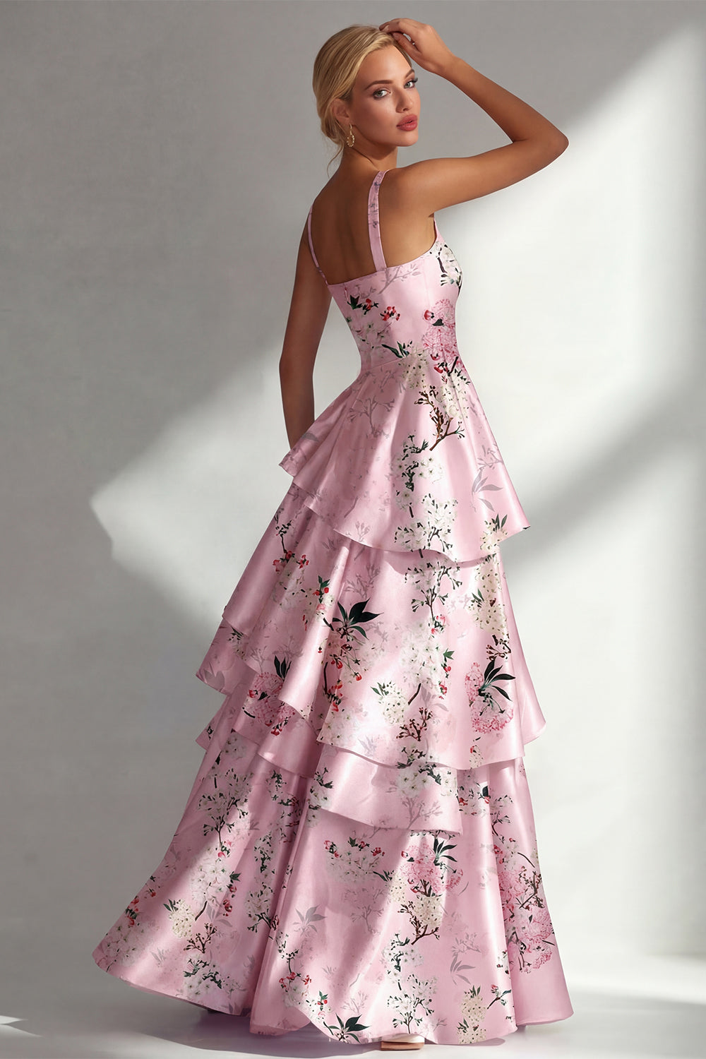 Tiered Blue Floral A Line Satin Wedding Guest Dress