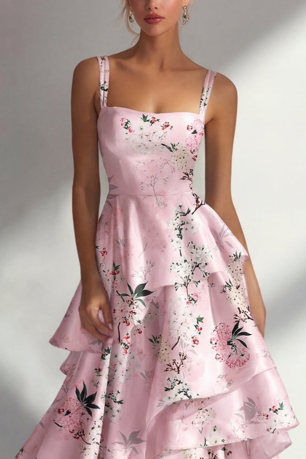 Tiered Blue Floral A Line Satin Wedding Guest Dress