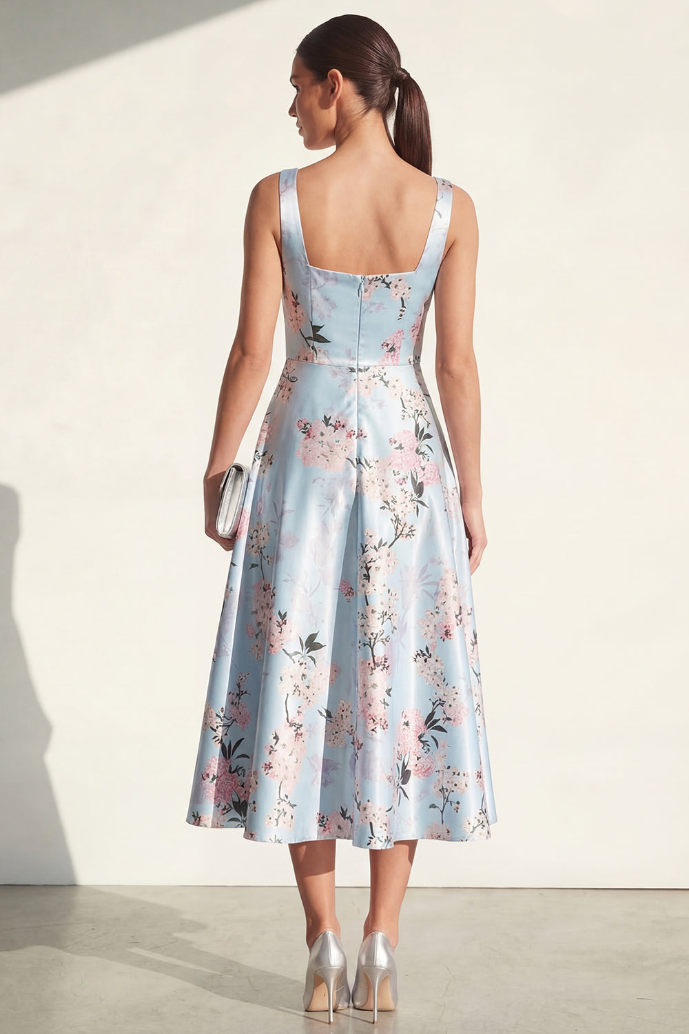 Pink Printed A Line Satin Midi Wedding Guest Dress