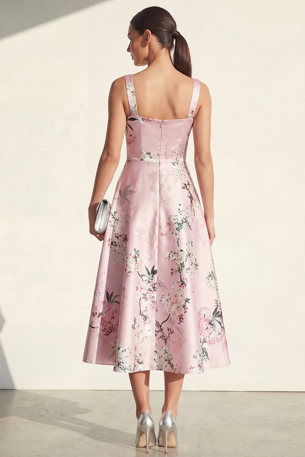 Pink Printed A Line Satin Midi Wedding Guest Dress