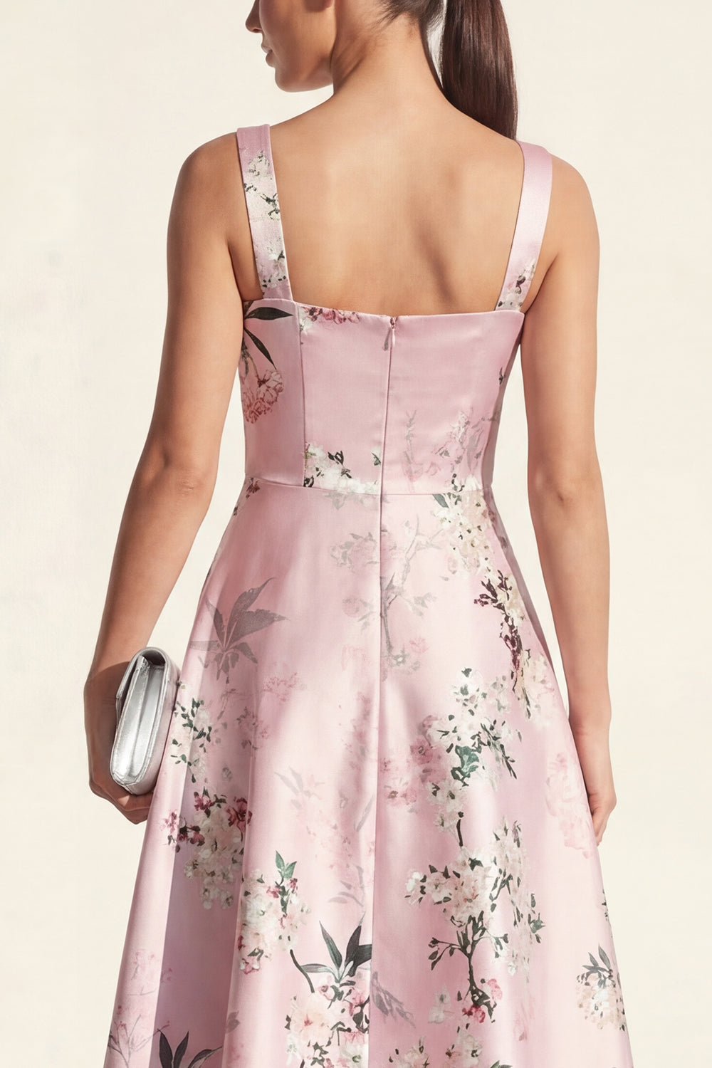 Pink Printed A Line Satin Midi Wedding Guest Dress