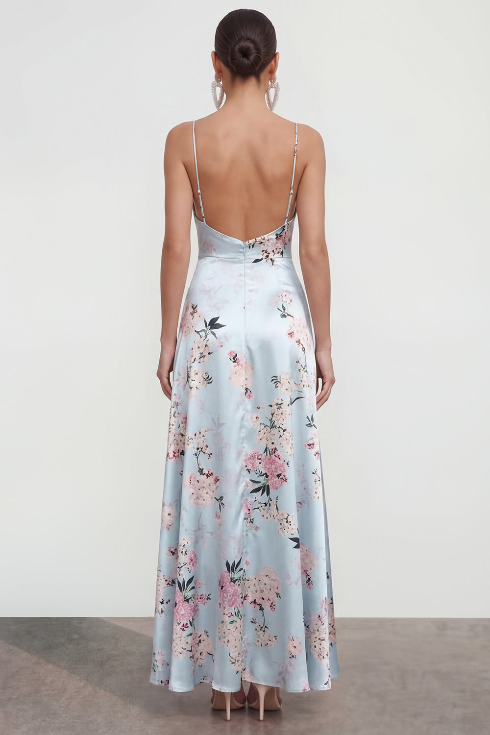 Floral Blue A Line Satin Ruffled Wedding Guest Dress