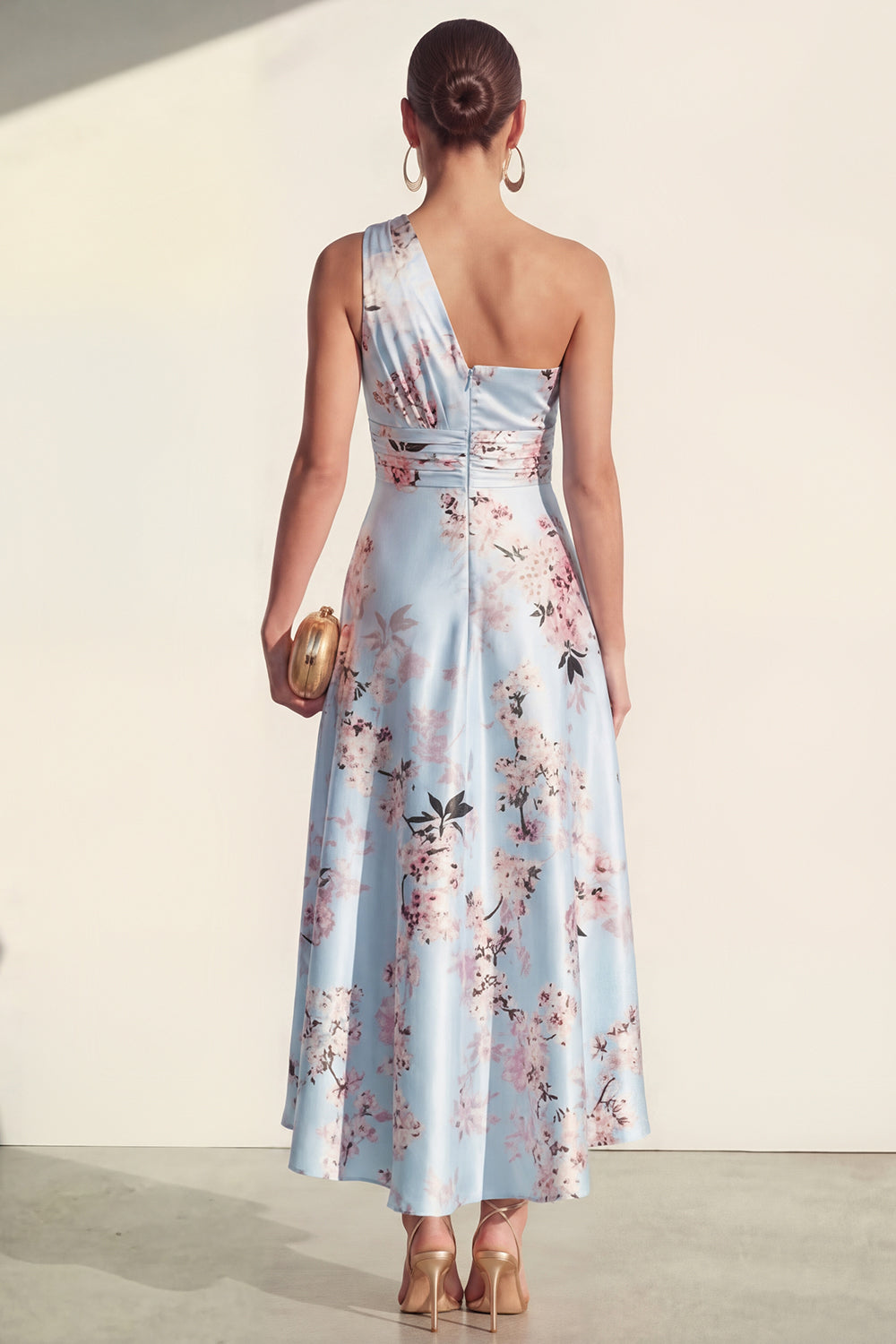 One Shoulder Ruched Pink Printed A Line Wedding Guest Dress