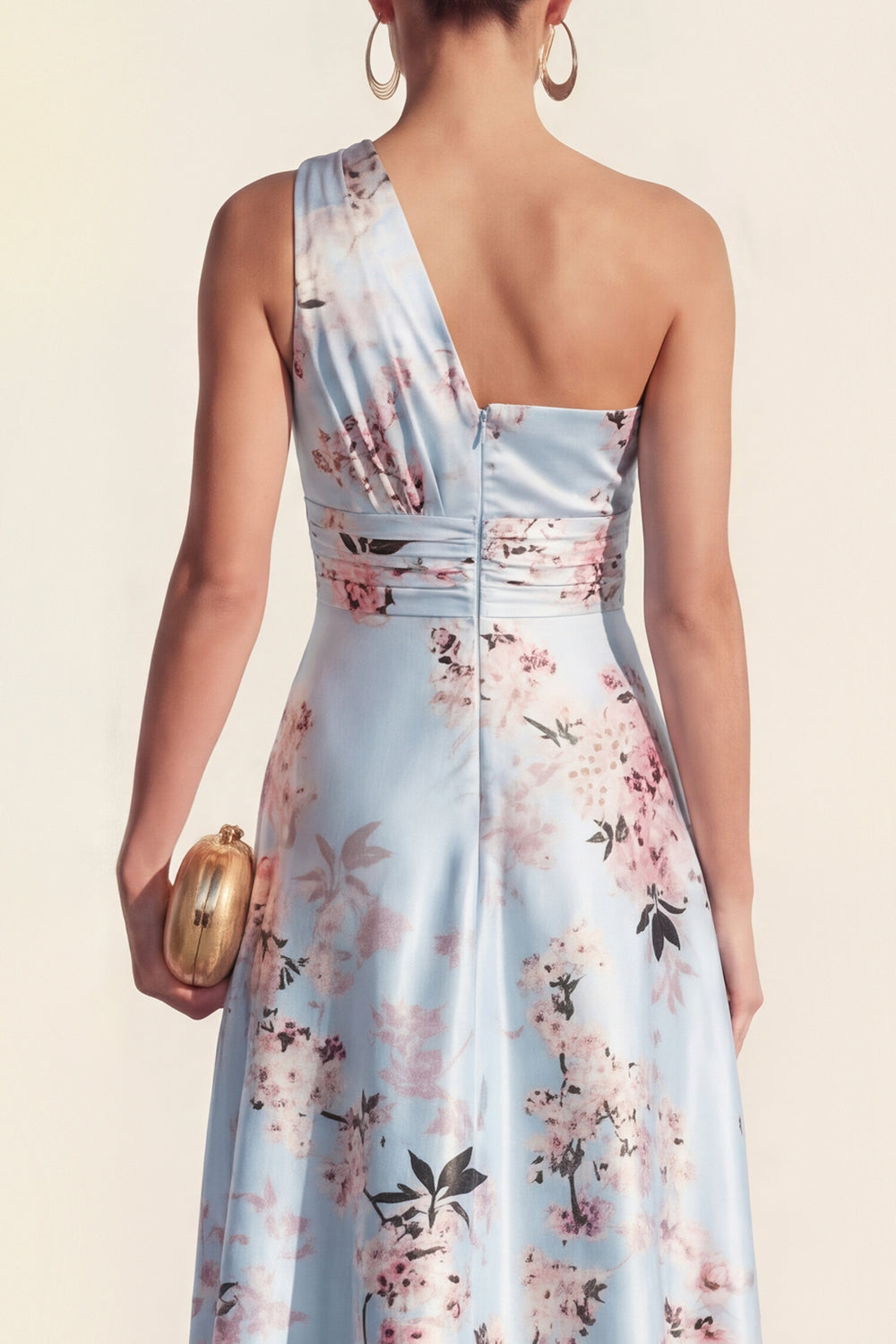 One Shoulder Ruched Pink Printed A Line Wedding Guest Dress