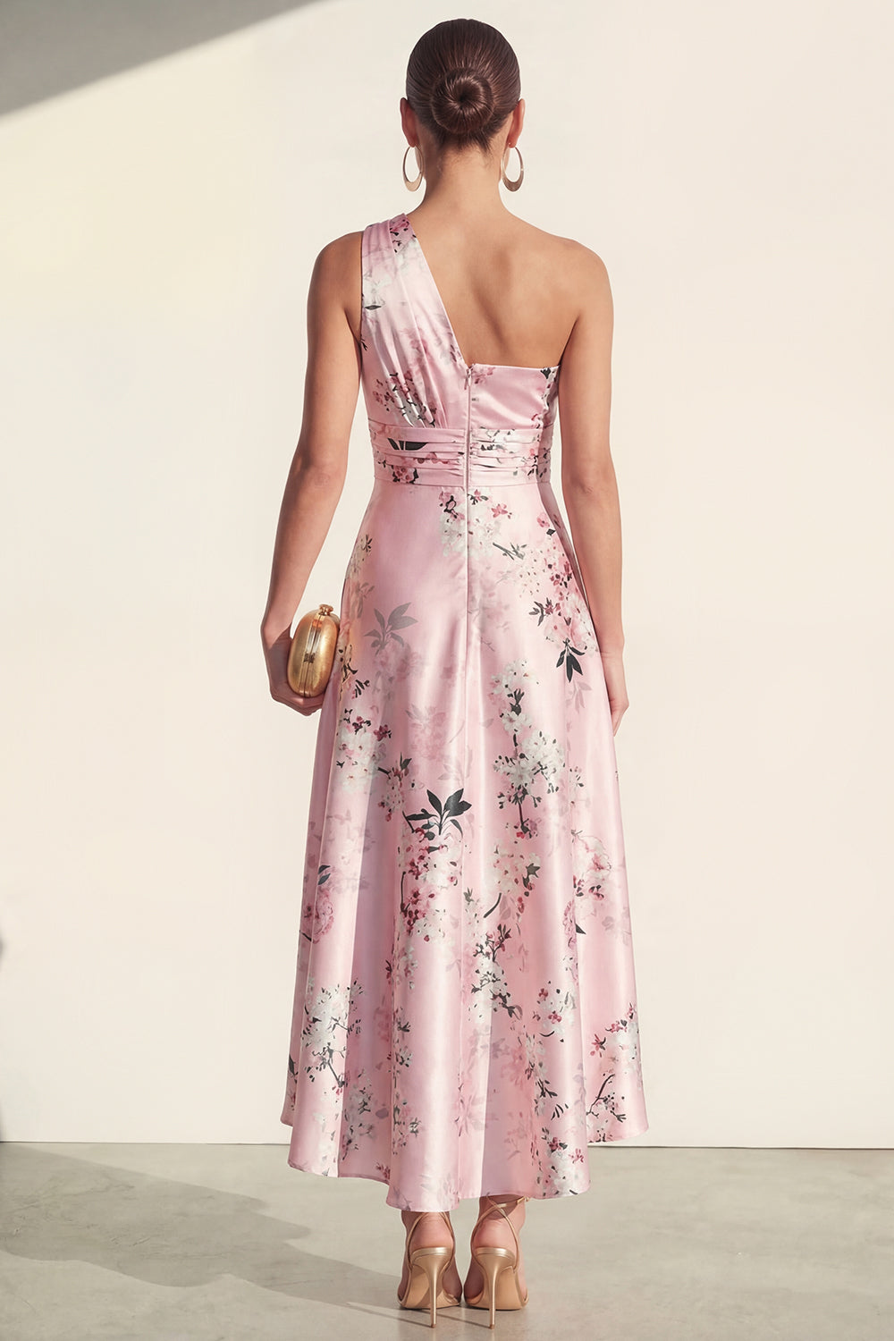 One Shoulder Ruched Pink Printed A Line Wedding Guest Dress