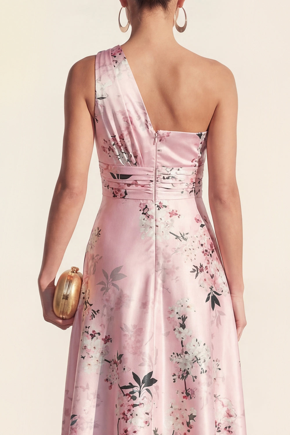 One Shoulder Ruched Pink Printed A Line Wedding Guest Dress