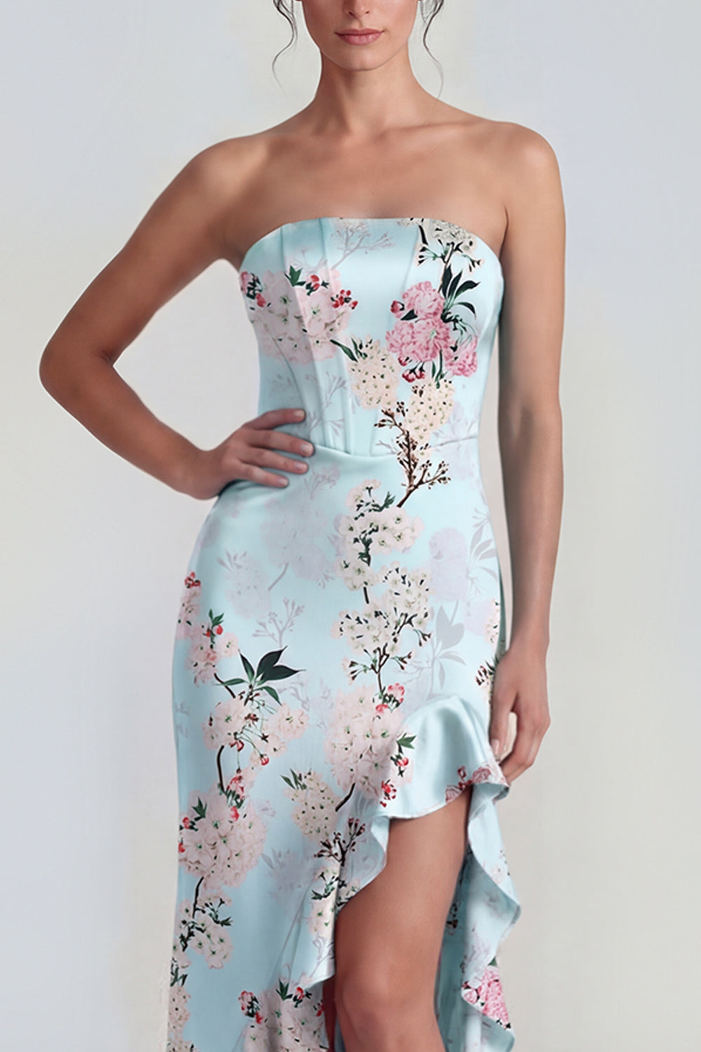 Strapless Floral Blue Mermaid Ruffled Wedding Guest Dress