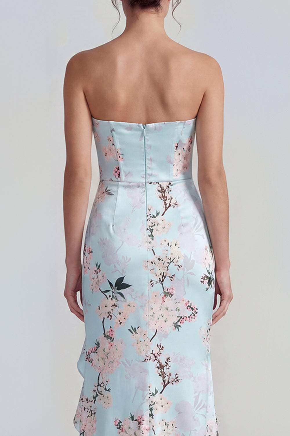 Strapless Floral Blue Mermaid Ruffled Wedding Guest Dress