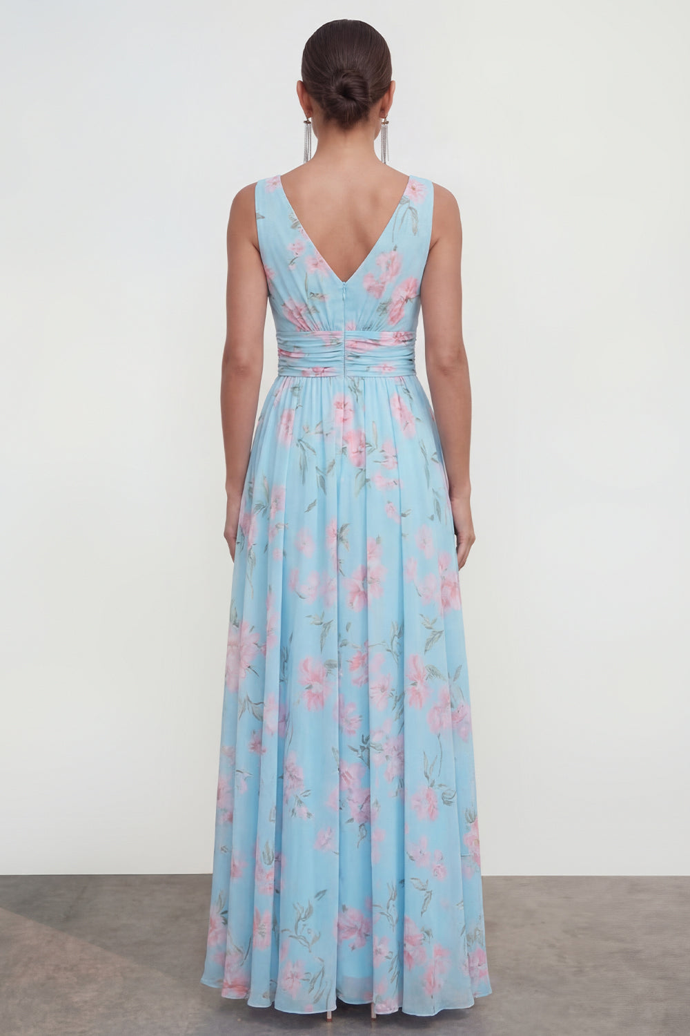 Blue Floral A Line V Neck Sleeveless Wedding Guest Dress