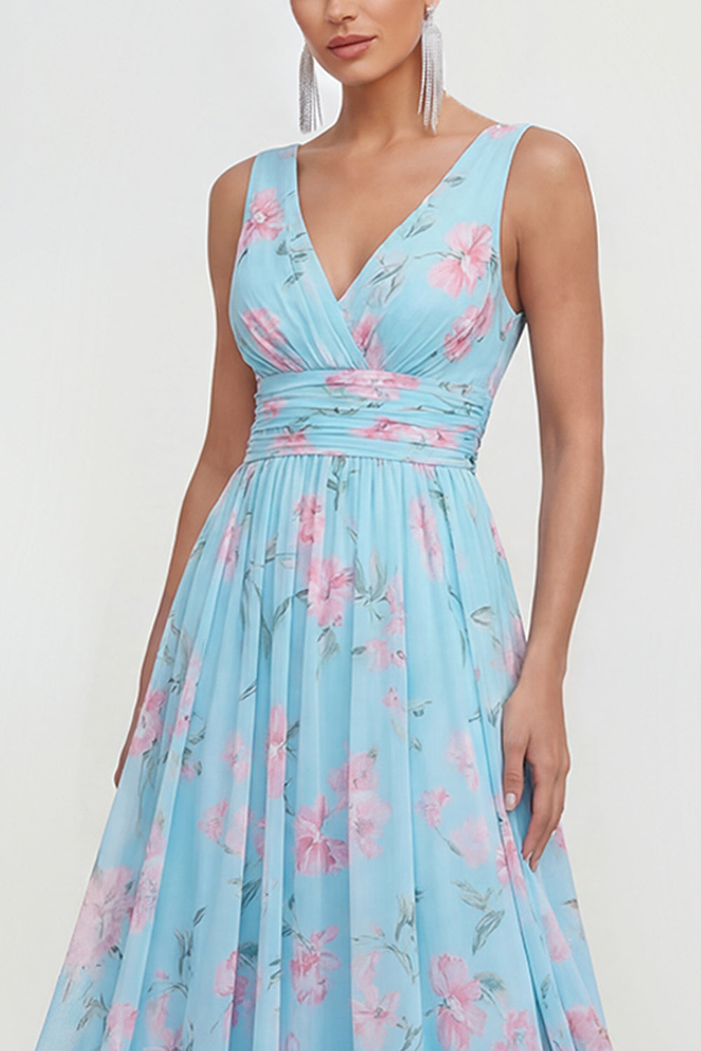 Blue Floral A Line V Neck Sleeveless Wedding Guest Dress