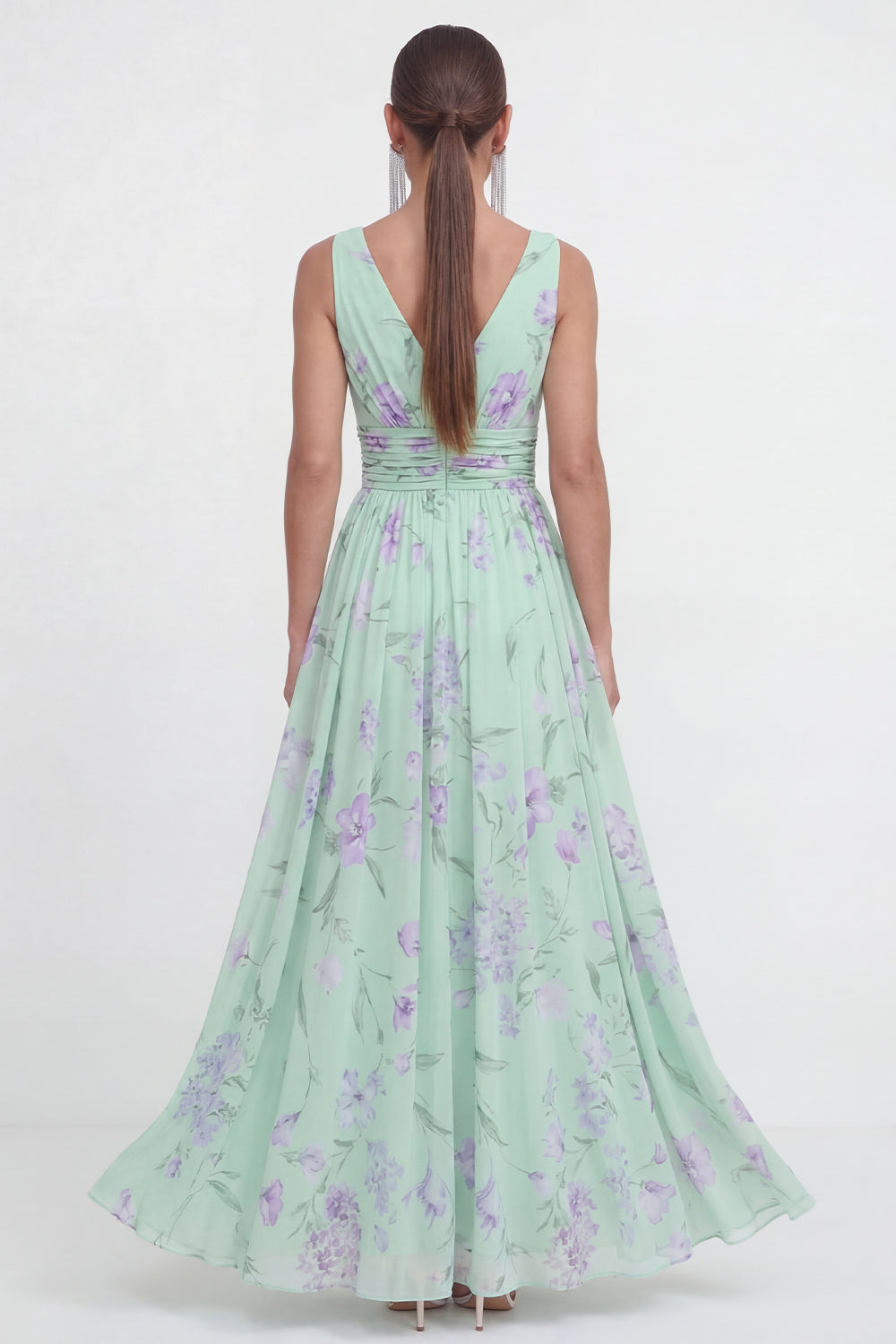 Blue Floral A Line V Neck Sleeveless Wedding Guest Dress