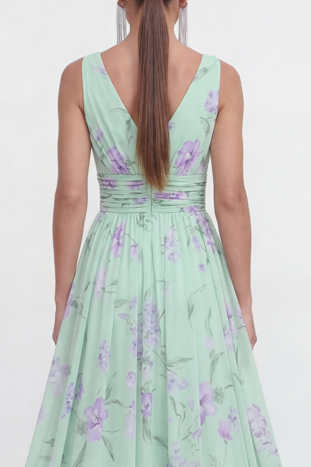 Blue Floral A Line V Neck Sleeveless Wedding Guest Dress