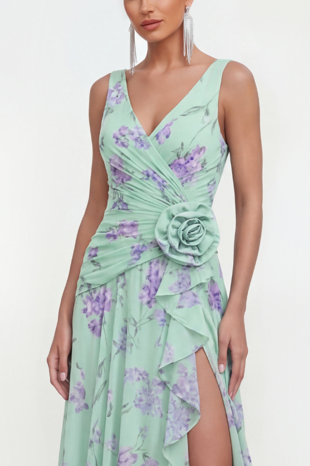 Ruched V Neck A Line Green Wedding Guest Dress with Slit
