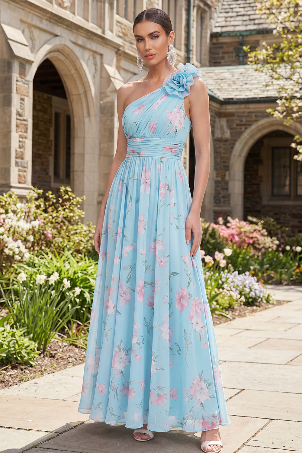 One Shoulder 3D Flower A Line Blue Floral Wedding Guest Dress