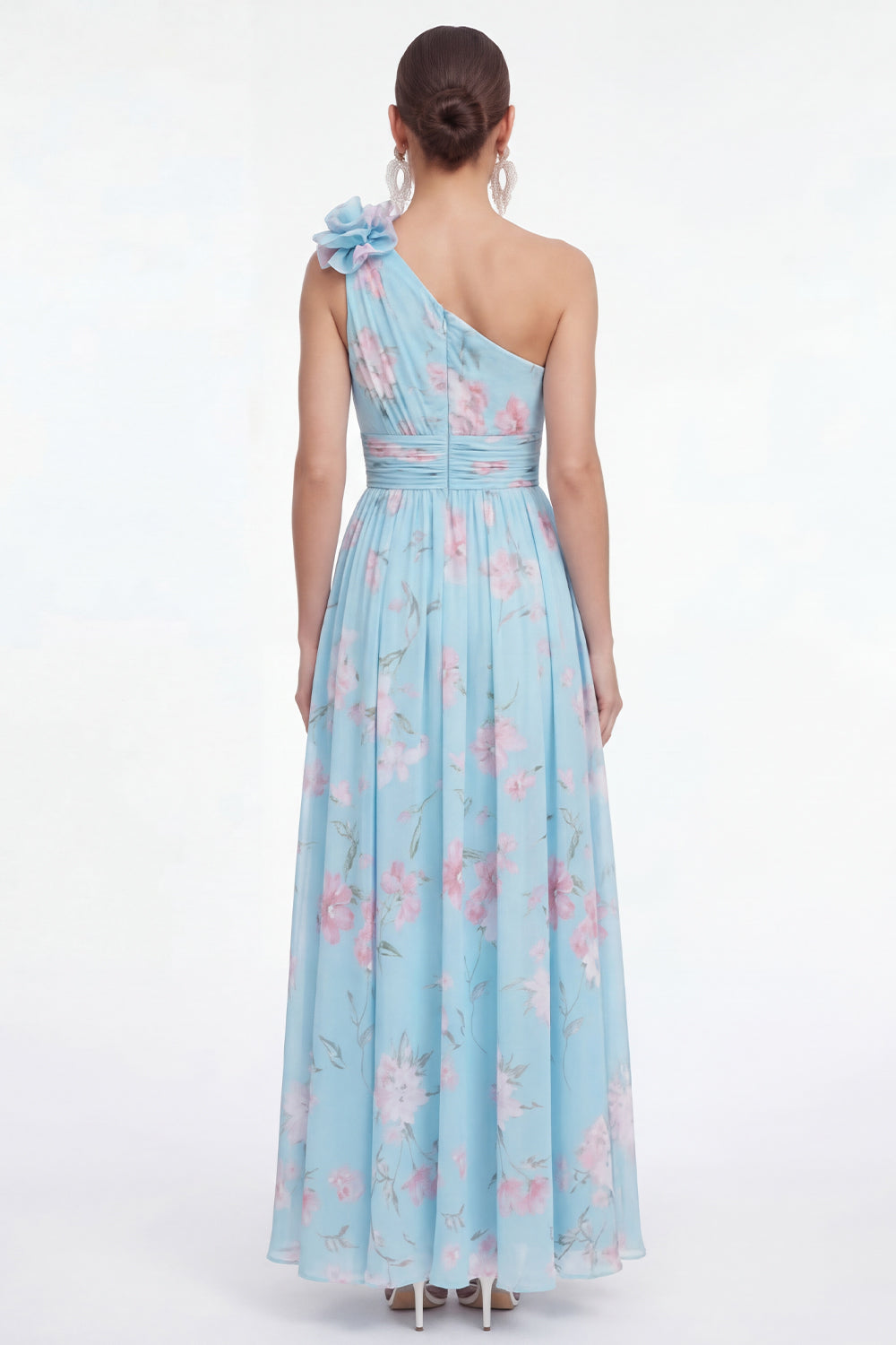 One Shoulder 3D Flower A Line Blue Floral Wedding Guest Dress
