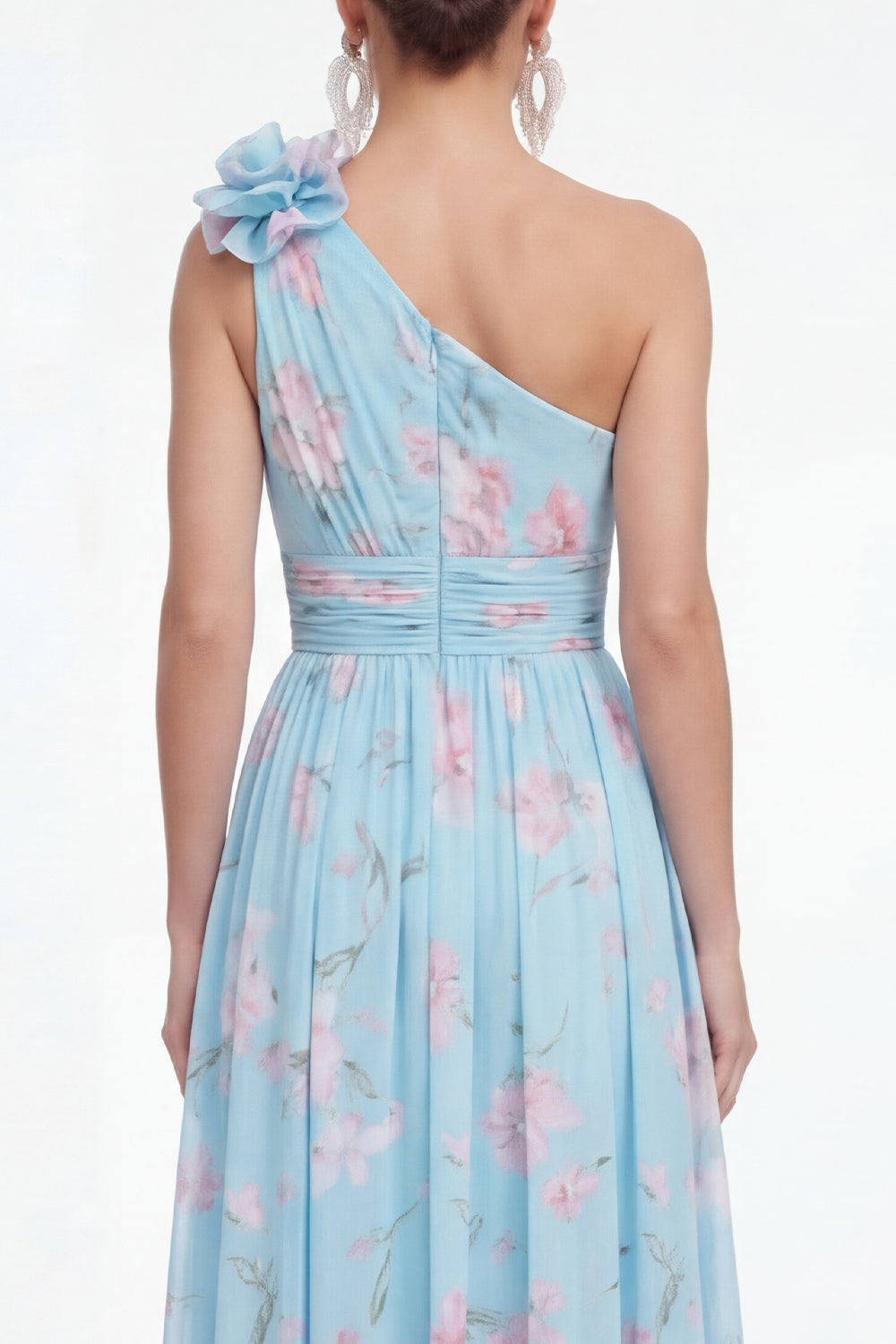 One Shoulder 3D Flower A Line Blue Floral Wedding Guest Dress