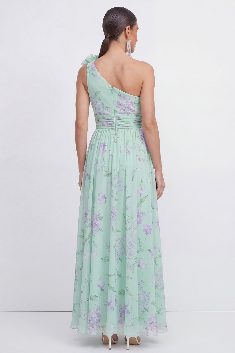 One Shoulder 3D Flower A Line Blue Floral Wedding Guest Dress