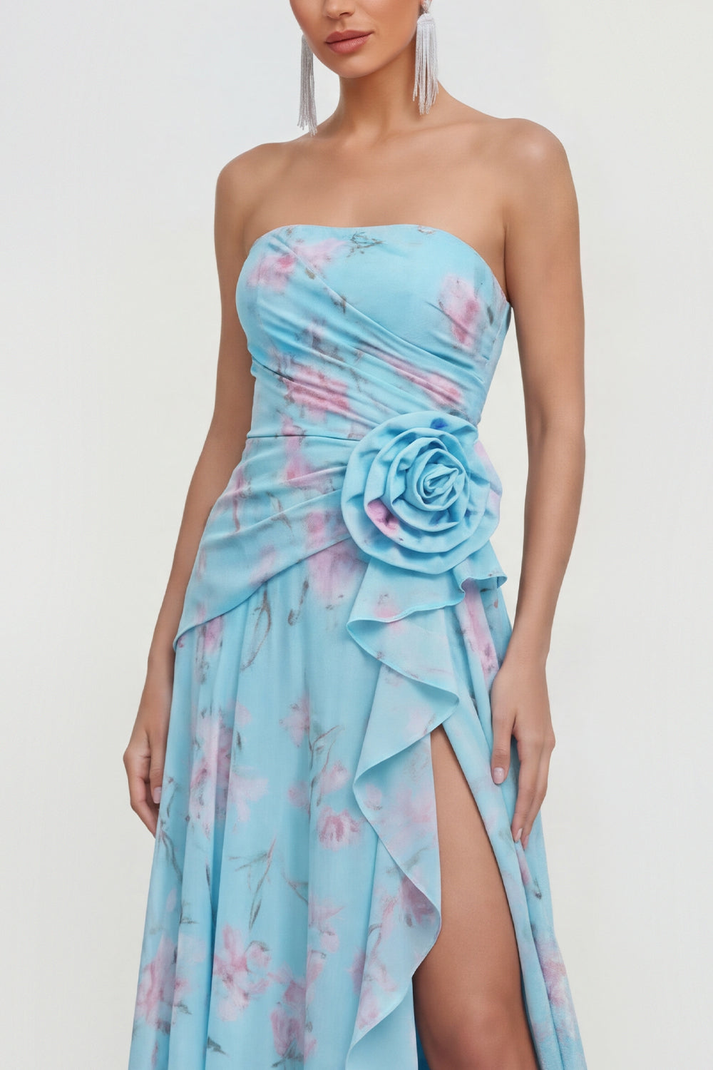 Strapless 3D Flower Ruched A Line Green Wedding Guest Dress