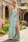 Strapless 3D Flower Ruched A Line Green Wedding Guest Dress