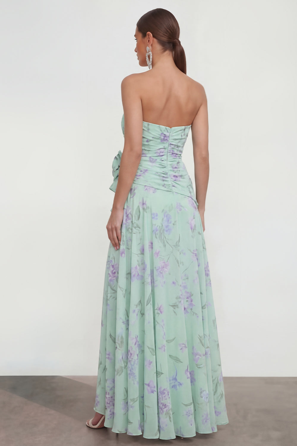 Strapless 3D Flower Ruched A Line Green Wedding Guest Dress