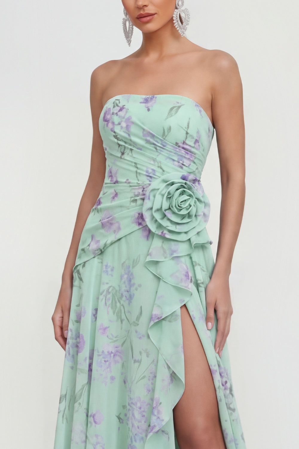 Strapless 3D Flower Ruched A Line Green Wedding Guest Dress