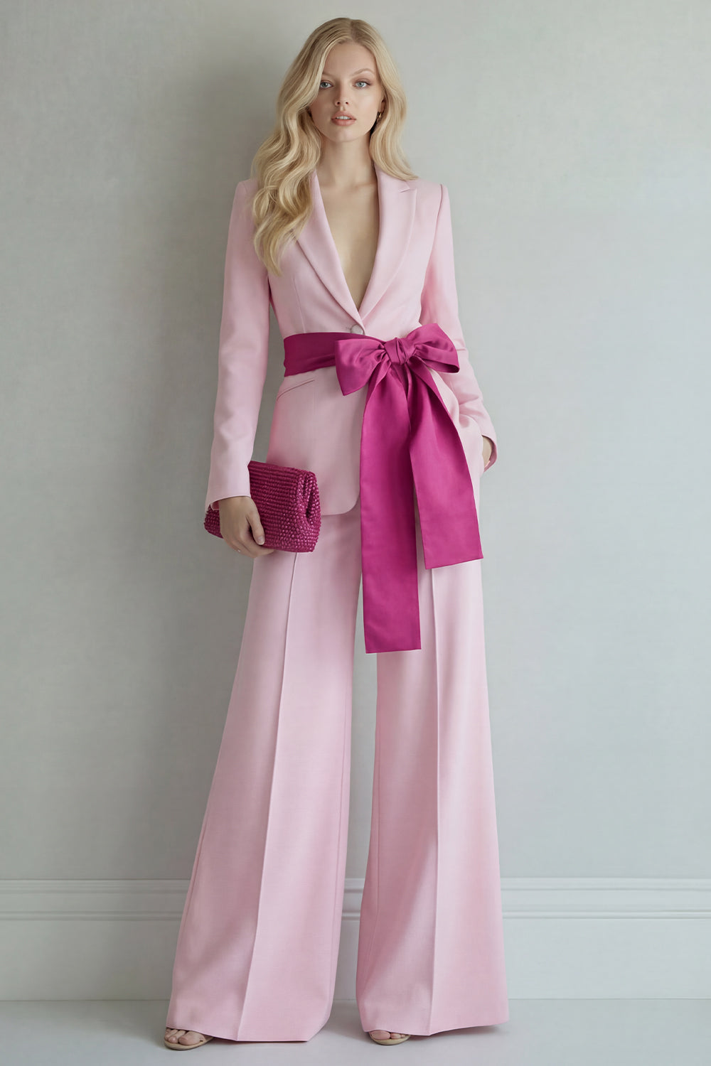 Pink Peaked Lapel 2 Piece Women Suits with Belt