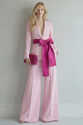 Pink Peaked Lapel 2 Piece Women Suits with Belt