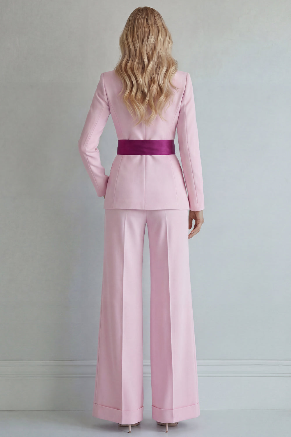 Pink Peaked Lapel 2 Piece Women Suits with Belt