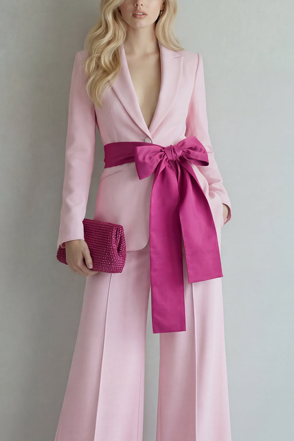 Pink Peaked Lapel 2 Piece Women Suits with Belt
