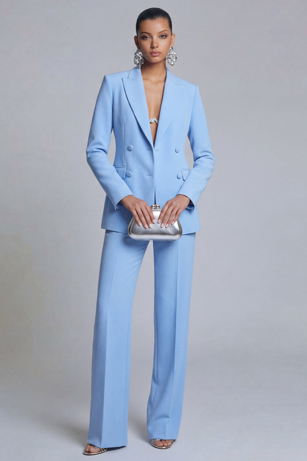 Blue 2 Piece Peaked Lapel Women Suits
