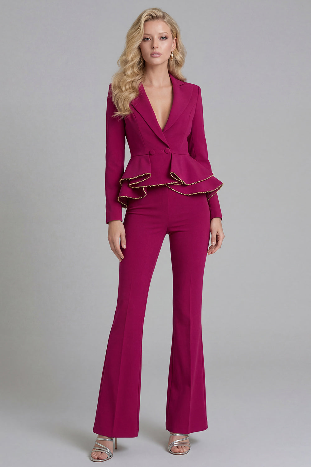 2 Piece Ruffled Fuchsia Slim Fit Women Suits