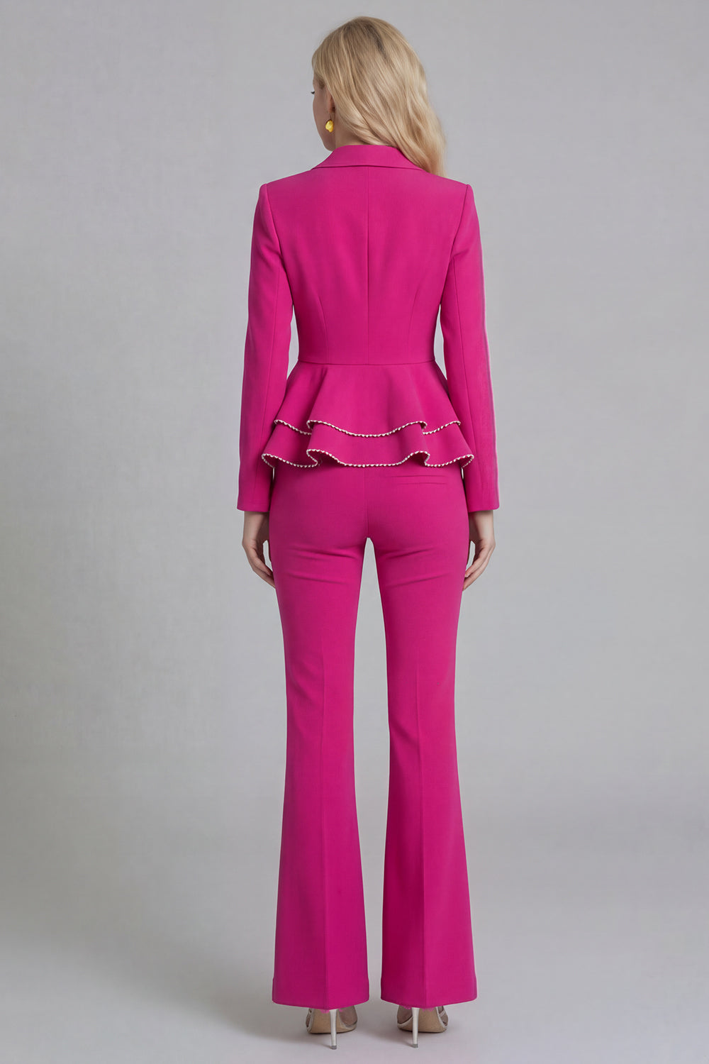 2 Piece Ruffled Fuchsia Slim Fit Women Suits