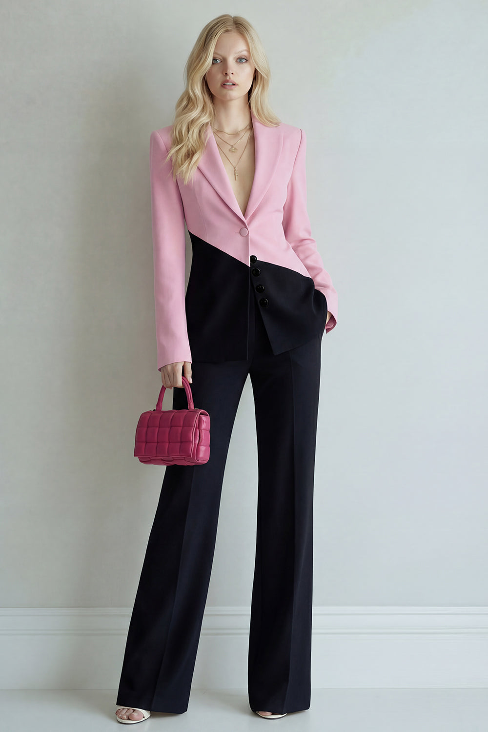 Colorblock Black Pink 2 Piece Slim Fit Women Suits
