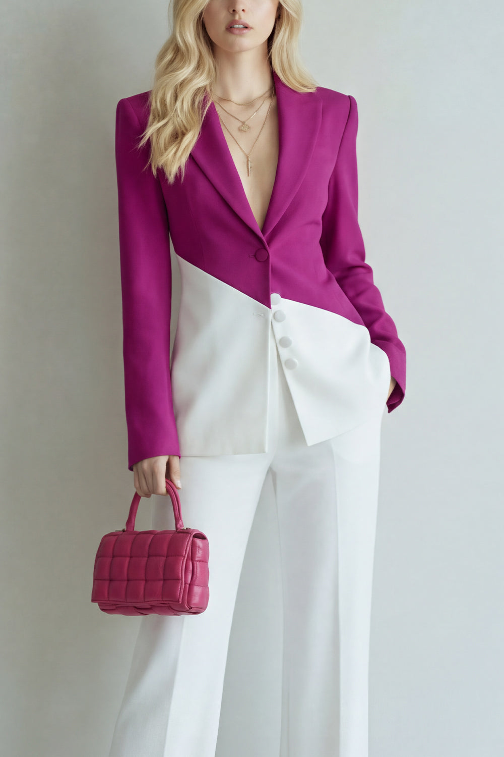 Colorblock Black Pink 2 Piece Slim Fit Women Suits