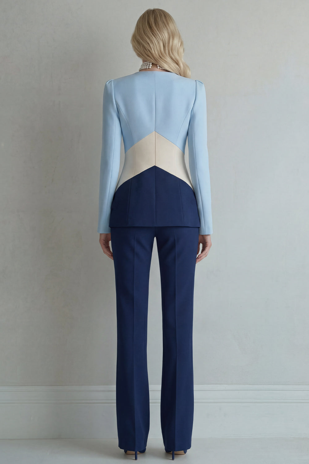Blue Navy Cut Out 2 Piece Colorblock Slim Fit Women Suits