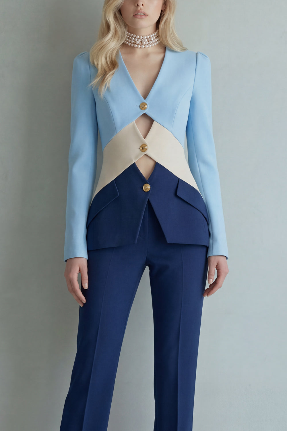 Blue Navy Cut Out 2 Piece Colorblock Slim Fit Women Suits