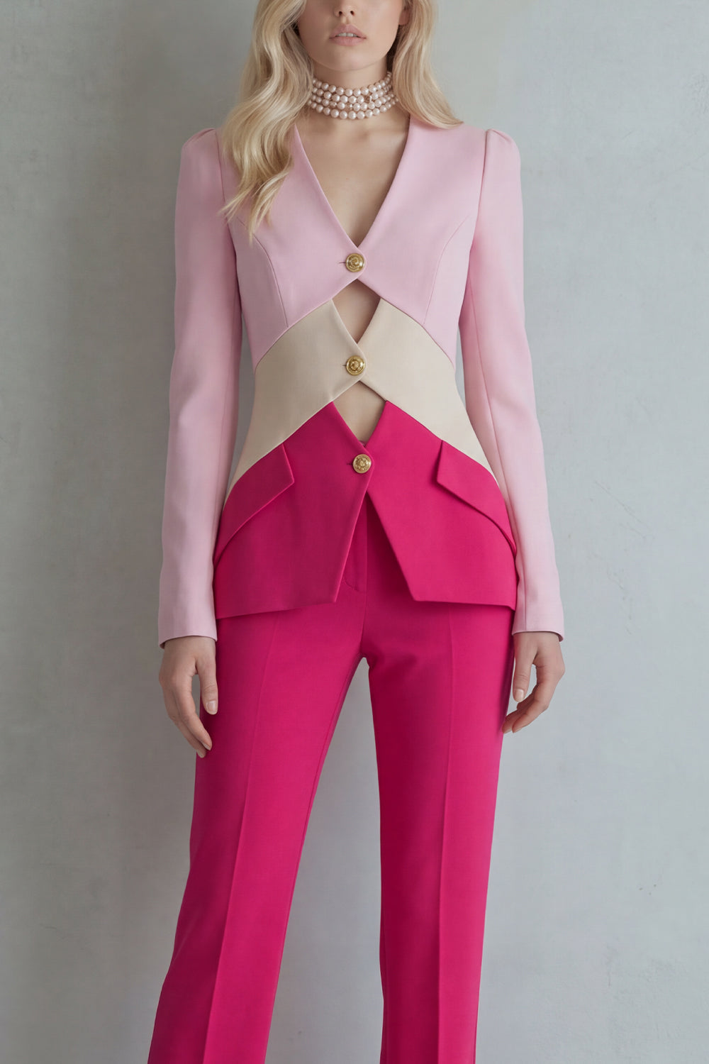 Blue Navy Cut Out 2 Piece Colorblock Slim Fit Women Suits